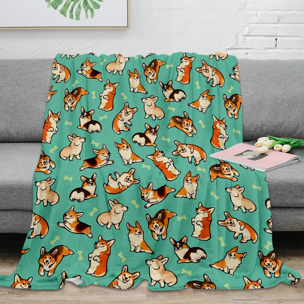 

Jolly Corgis In Green Throw Blanket Home Decoration Dog and Bone Warm Microfiber Blankets For Bedroom
