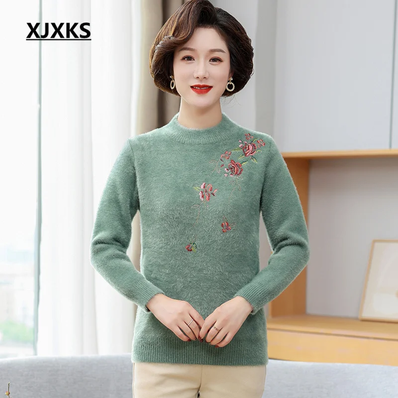 

XJXKS 2022 Winter New Loose Oversize Knitted Pullover Middle-aged And Elderly Mothers Wear Turtleneck Sweater Keep Warm Jumper