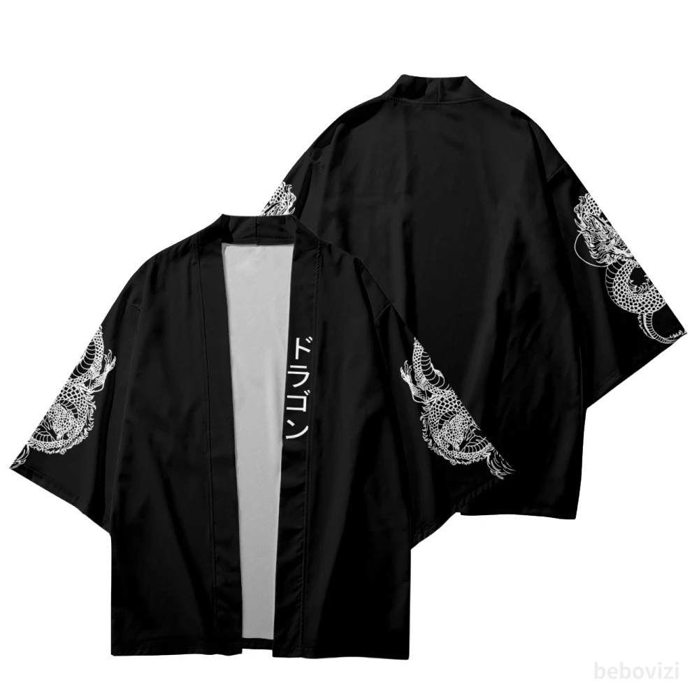 

Japanese Clothes Streetwear Samurai Sleeve Dragon Print Traditional Kimono Men Beach Yukata Cardigan Black Cosplay Haori