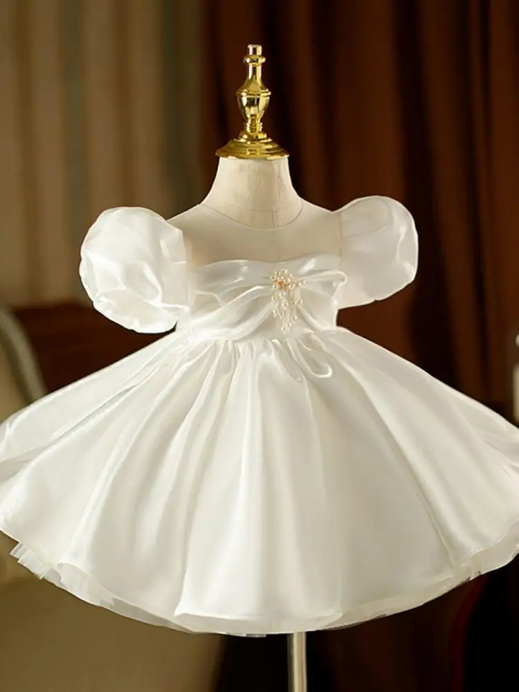 

2023 Teenmiro Christening White Dress for Baby Girls Infants Satin Beading Ball Gown Toddlers Communion Dresses Children Dresses