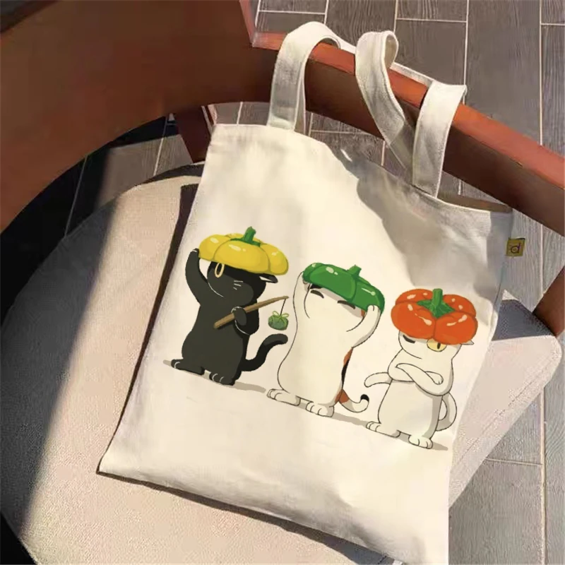 

Многоразовая Холщовая Сумка для покупок Kawaii Naughty Cat сумка для покупок с персонажем из мультфильма, Женская Хлопковая Сумка через плечо