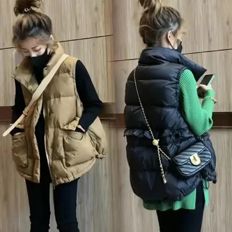 

Женский Теплый черный жилет с воротником-стойкой и карманами, на осень и зиму, 2022