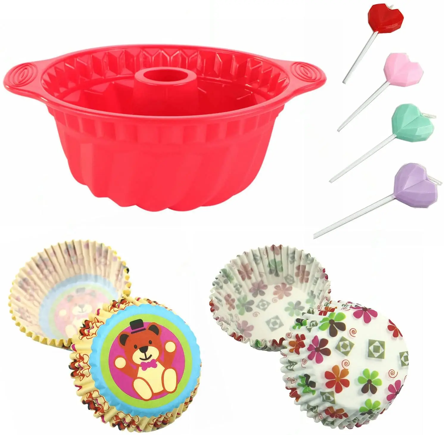 

silicone cake baking pans fluted bundt cake molds and 200pcs paper muffin cupcake liners heart candles red 9.5in