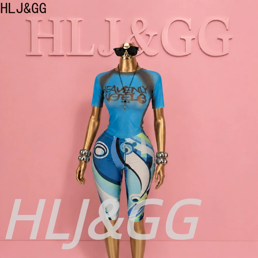 Фото Модные сетчатые прозрачные футболки с надписями в стиле Y2K от HLJ&GG, комплекты из двух предметов, женские укороченные топы с круглым вырезом и шорты, уличная одежда №5