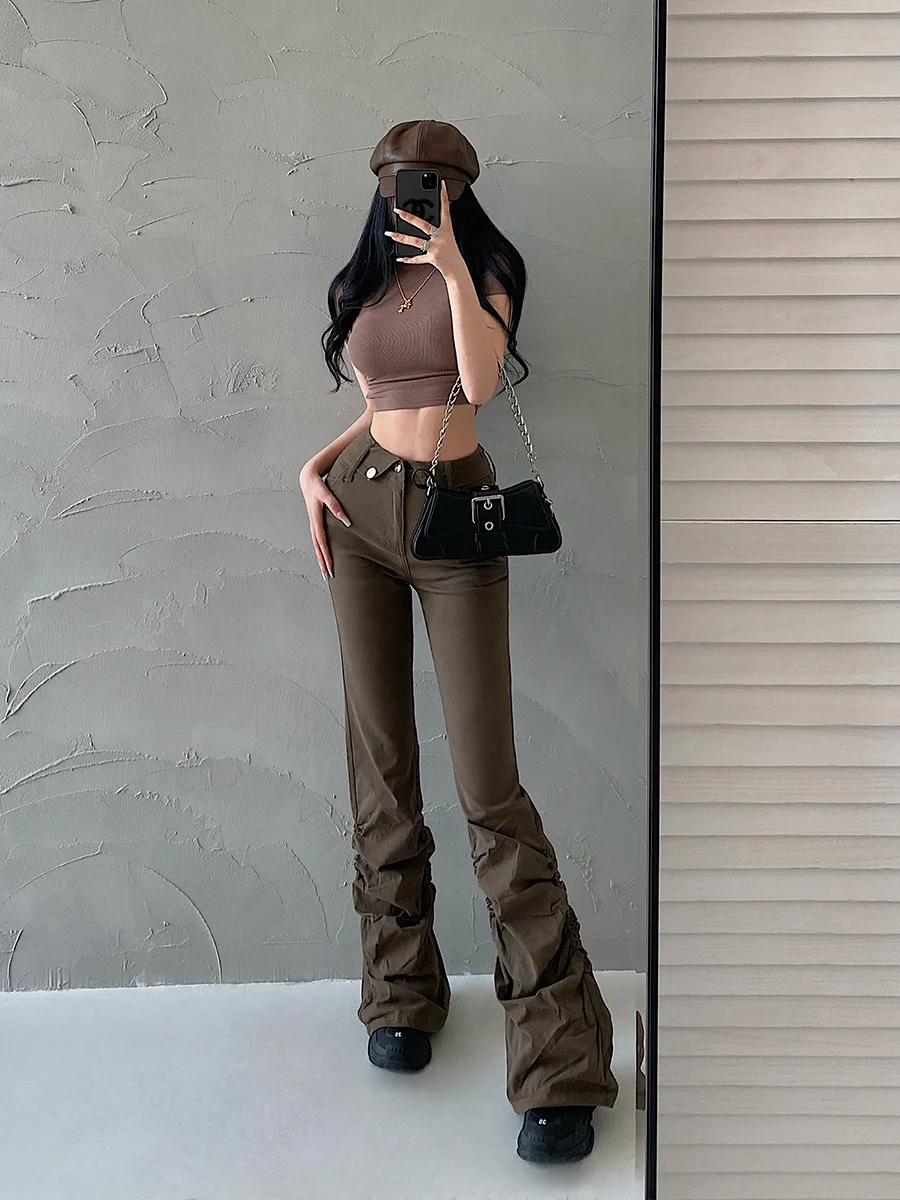 

American High-waisted Skinny WOMENGAGA Pleated Slightly Flared Leg Long Jeans Mop Pants Fashion Trousers Denim Pants F8BN