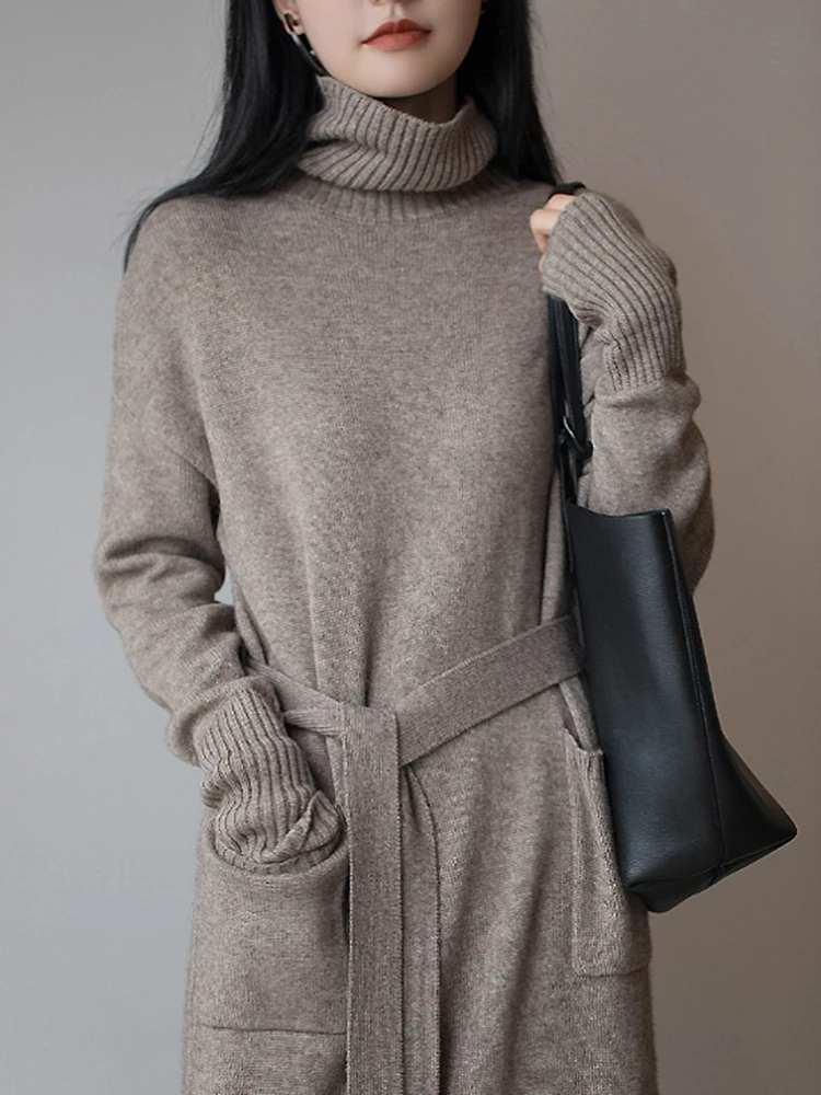 

Vintage Loose Thick Winter 2022 Turtleneck Knitting Sweater Midi Dress for Women Long Sleeve Lace Maxi Dresses Oversize Clothing