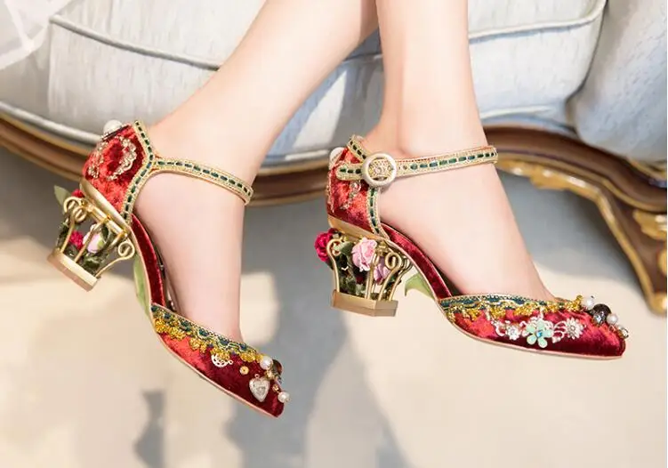 

Туфли-лодочки Женские винтажные на среднем каблуке, бархатные, с круглым носком, с пряжкой, с бусинами, бордовые, синие, черные, свадебные туфли для невесты