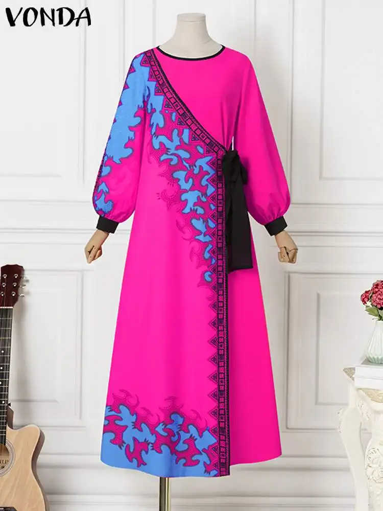 Plus Size 5XL VONDA Summer Bohemian Vintage Printed Dress Women Sexy Long Sleeve Pleated Party Maxi Vestidos Casual Loose Robe