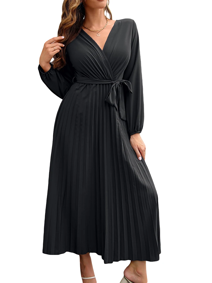 

Wdehow Women s Casual Dress V-Neck Long Sleeve Solid Color High Waist Pleated Long Dresses with Belt