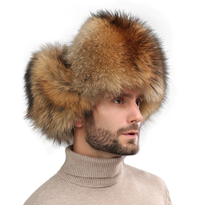 Winter Men's 100% Real Sliver Fox Fur Bomber Hat Raccoon Fur Ushanka Cap Trapper Russian Man Ski Hats Caps Mens Raccoon Fur Hat