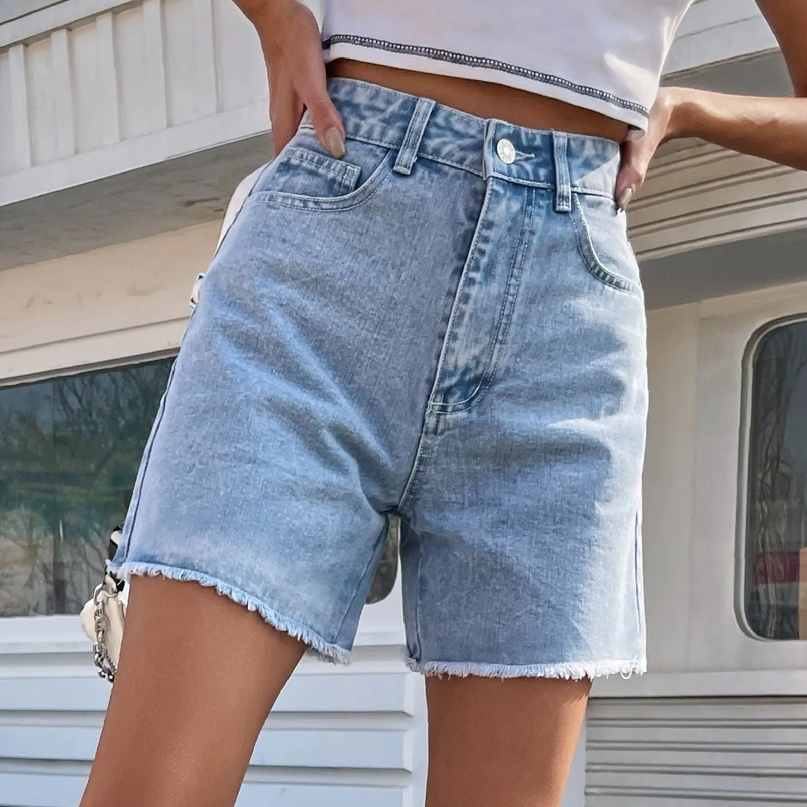 Синие женские джинсовые шорты Vantage, летние повседневные шикарные  свободные джинсовые шорты с высокой талией для дам, летние джинсовые шорты  | AliExpress
