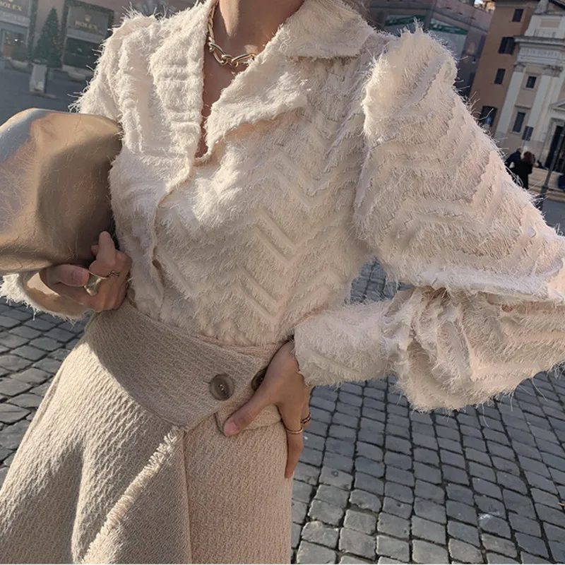 

Элегантная женская рубашка с отложным воротником и кисточками, блузки, весенние женские однобортные топы, блузы