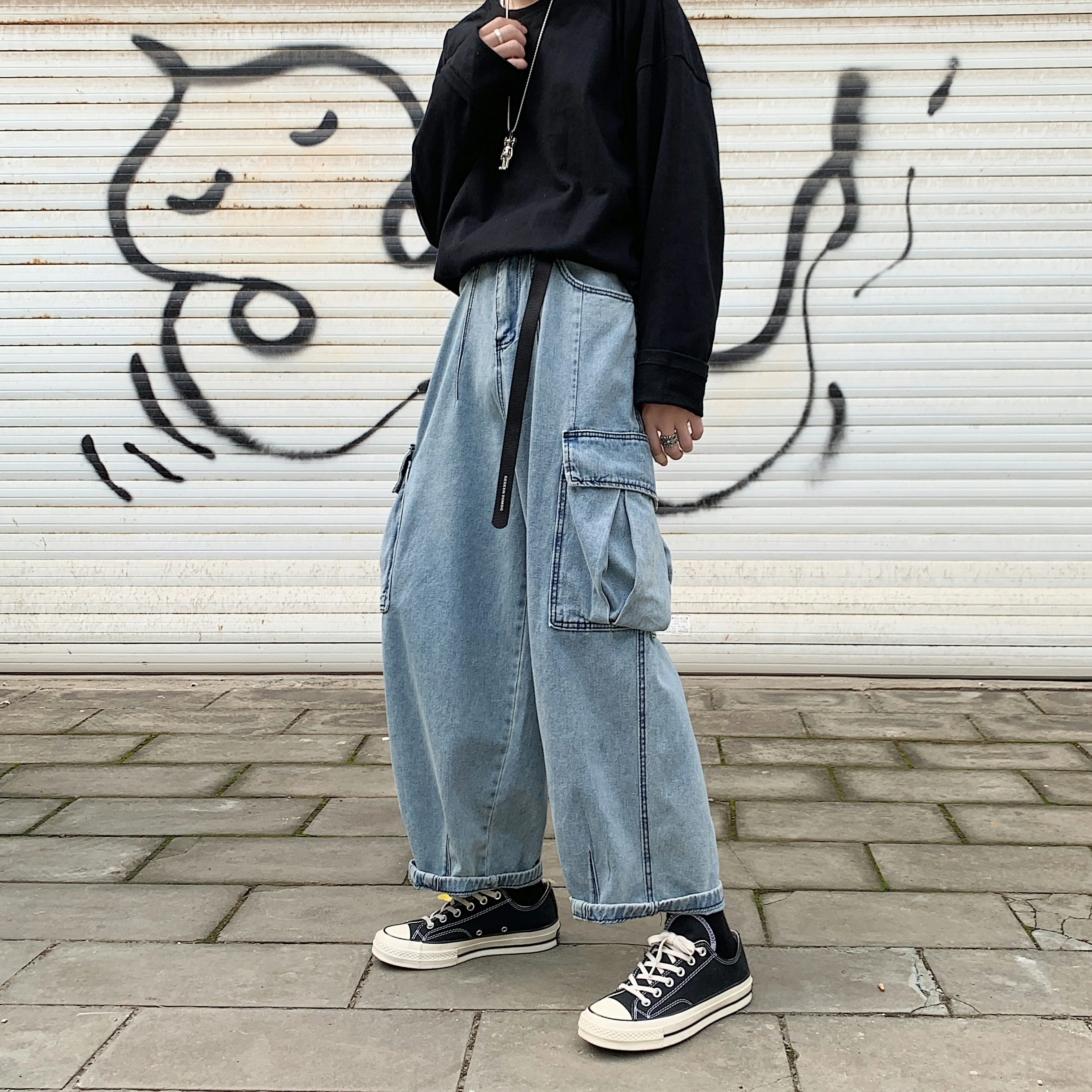 

New Men Black Baggy Jeans Big Pockets 2023 Kpop Hip Hop Harem Pants High Waisted Vintage Oversized Denim Pants Straight Pants
