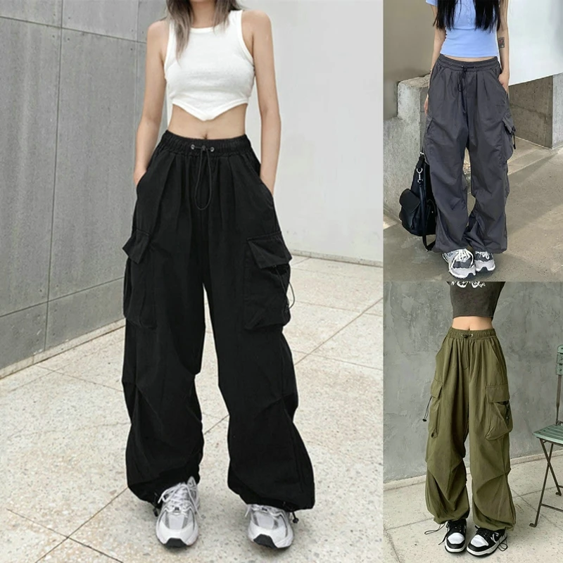 

Брюки-карго Y2k женские в Корейском стиле, винтажные парашютные штаны в стиле Харадзюку, однотонные повседневные джоггеры с широкими штанинами и эластичным поясом