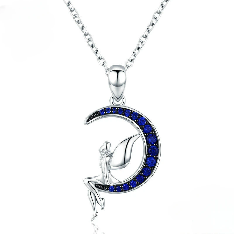 

925 Sterling Silver Blue Crystal Crescent Moon and Lucky Fairy Pendant Necklace Women's Fine Jewelry Gift Adjustable