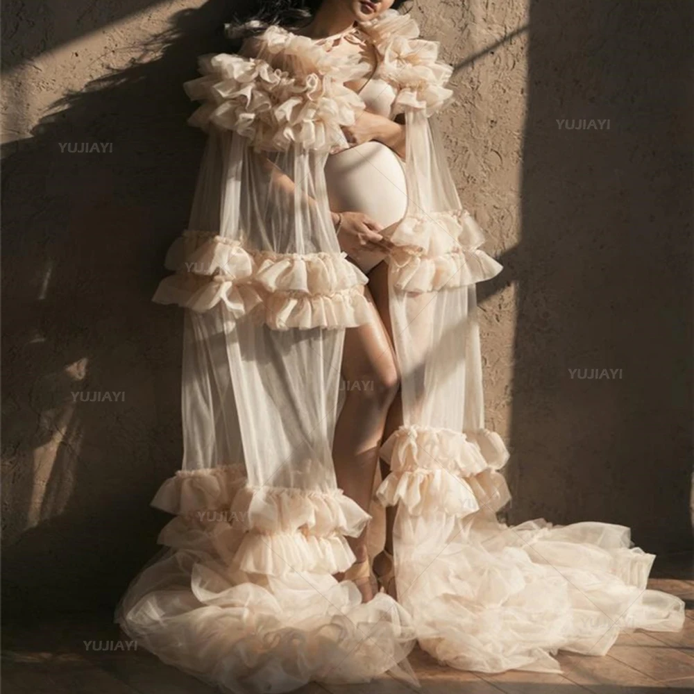 

Women Robes Shawl Tulle Bathrobe Illusion Ruffles Cape Loungewear Boudoir Sleepwear Bridal Nightgown Maternity Dress Photoshoot