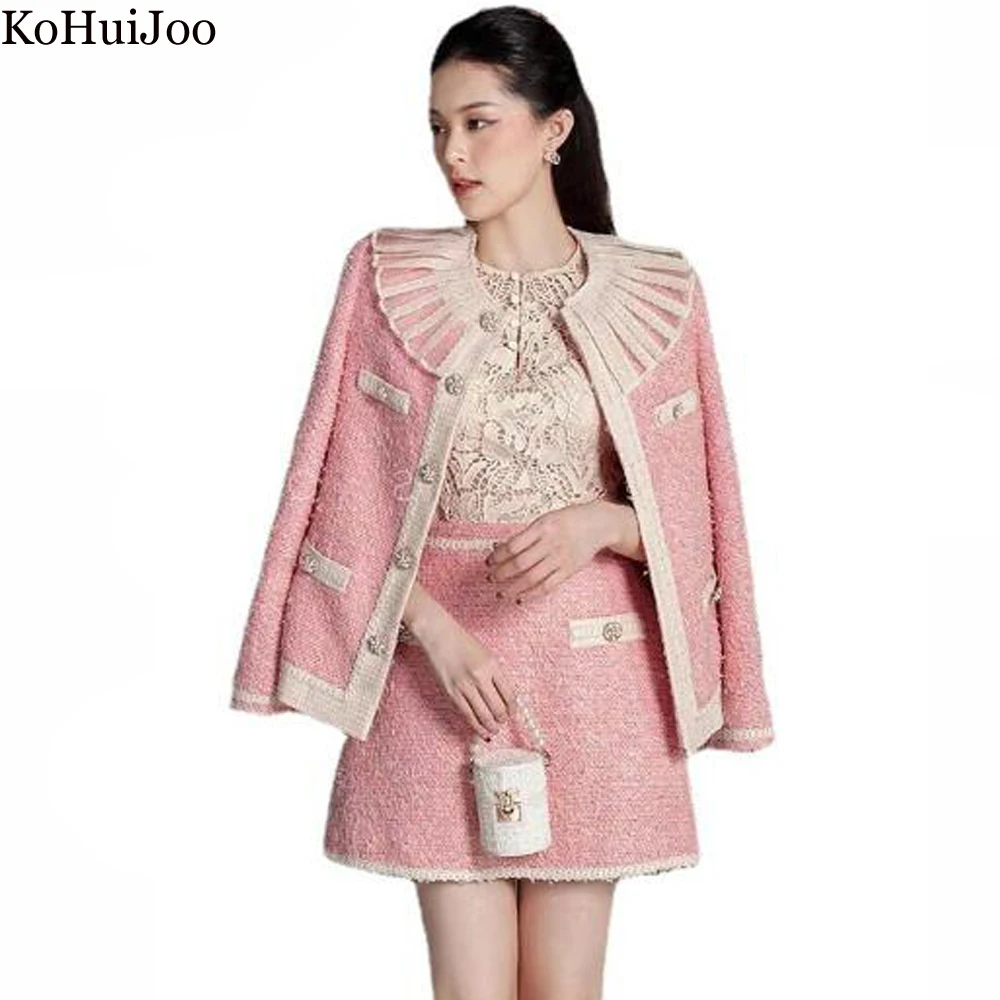 KoHuiJoo Two Piece Sets Womens Outifits Skirt 2022 Autumn Winter Pink  Elegant Women's Tweed Woolen Blazer Woman Fashion Suit