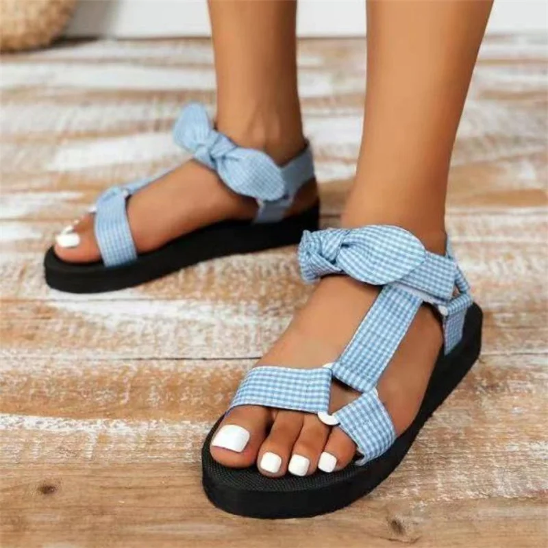 New Summer Women Sandals Color Flat Casual Lace Up Bow Shoes for Ladies  Fashion 2023 Outdoor Leopard Beach Mujer