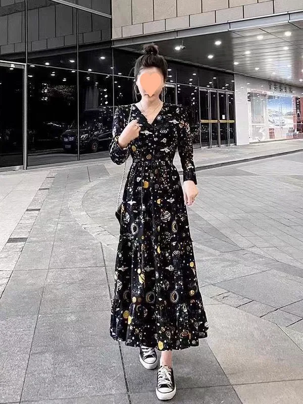 Женское шифоновое платье с V-образным вырезом длинным рукавом