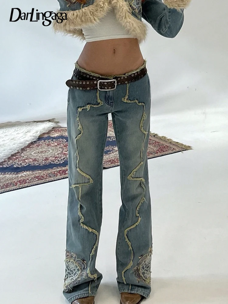 

Darlingaga Grunge Fairycore Retro Stitching Burr Flared Jeans Female Low Rise Pants Y2K Distressed Embroidery Denim Trousers New