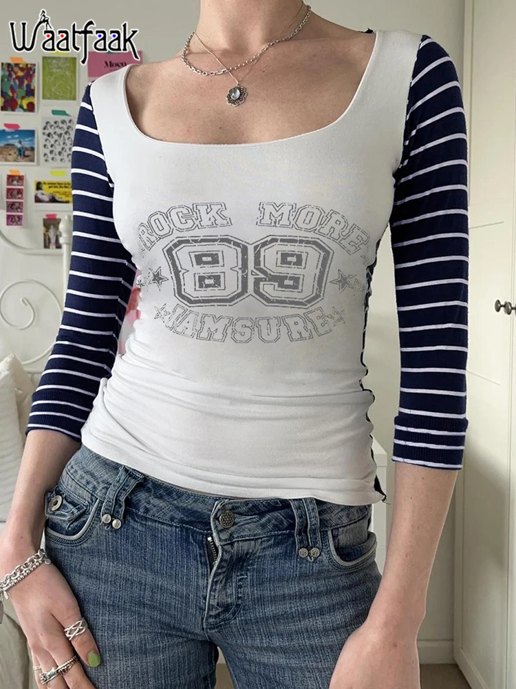 

Waatfaak Y2K Модная белая футболка с квадратным воротником в стиле пэчворк с принтом в полоску Повседневная ткань зимний топ с длинным рукавом