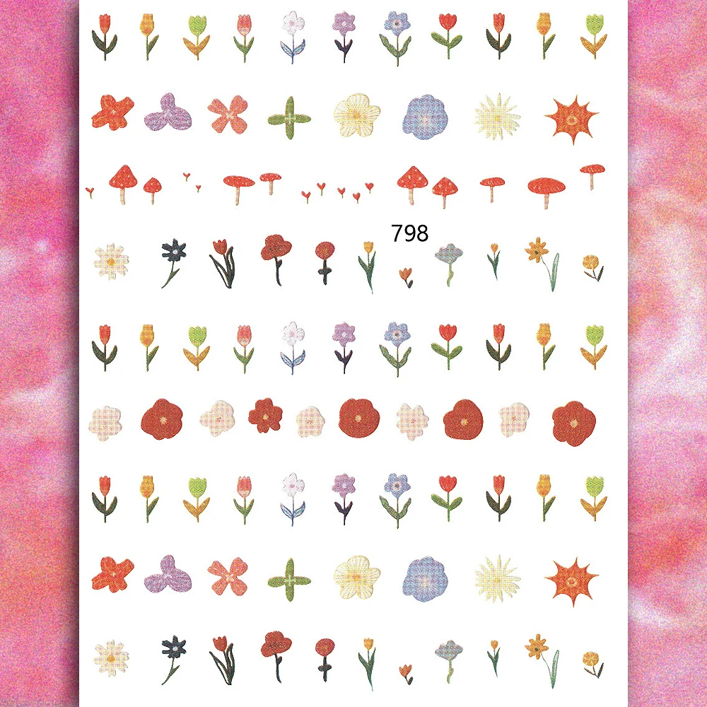 

10PCS Plant Butterfly Nail Art Stickers Colorful Strawberry Nail Art Decorative Decals 3D Glue Tulip Grass Black Nail Slider