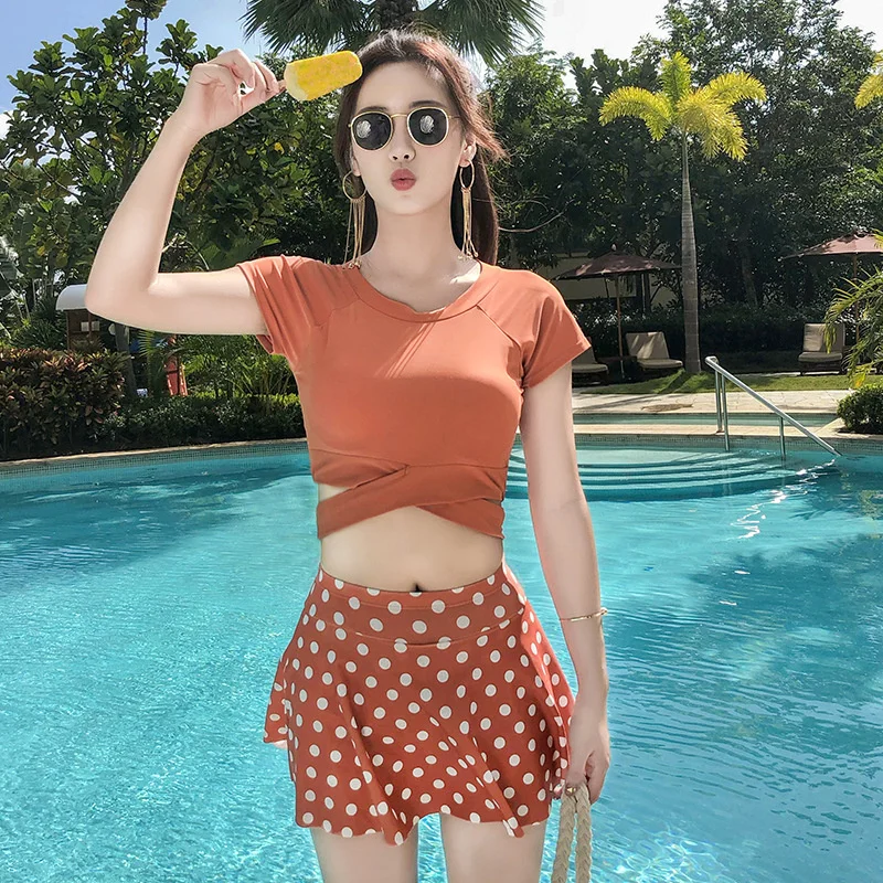 

Swimwear Women 2022 New Slimming Belly Cover Short Sleeves Split Swimsuit Beach Vacation Women's 2 Piece Swimsuit