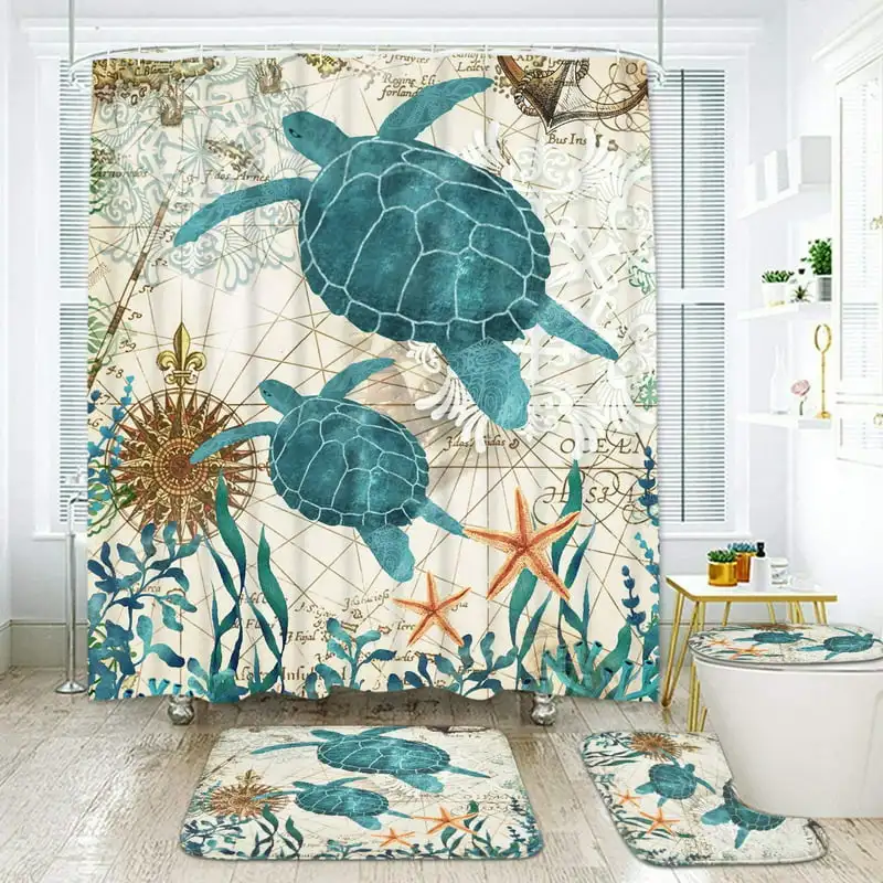 

Занавеска для душа с рисунком морской черепахи на фоне из полиэстера и набор для декора ванной комнаты, водонепроницаемая занавеска для душа с 12 крючками