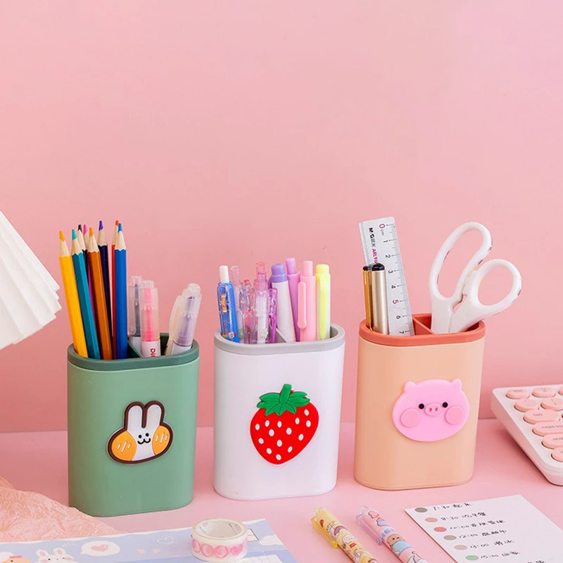 

Kawaii Double Grid Pen Holder Large Capacity Pencils Organizer Makeup Brush Storage Holder School Office Stationary Supplies