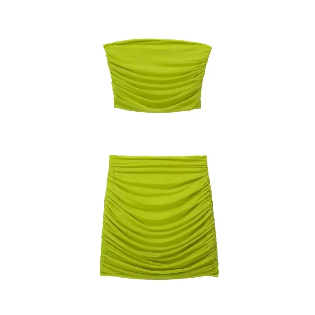 

Set Women 2 Pieces 2023 New Fashion Transparent Hard Yarn Chest-wrapped Type Tops Vintage Transparent Hard Yarn Mini Skirt Femal