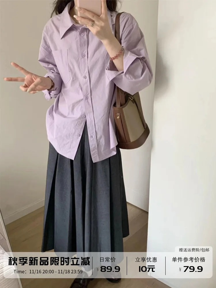 [In Stock] Purple Long sleeve Shirts Women Spring and Autumn 2024 New Korean Sle Loose Casual Outer Wear Stacked Shirt Oute...