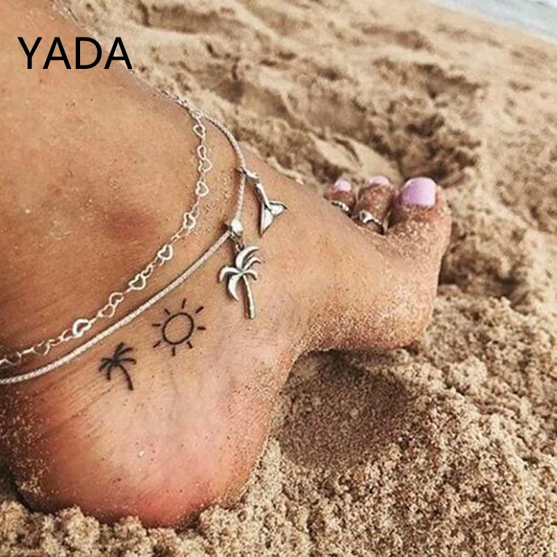 YADA Alloy Coconut Tree Fish Tail Anklets For Women Summer Beach Foot Ankle Barefoot Sandals Multilayer Ankle Female AT220002