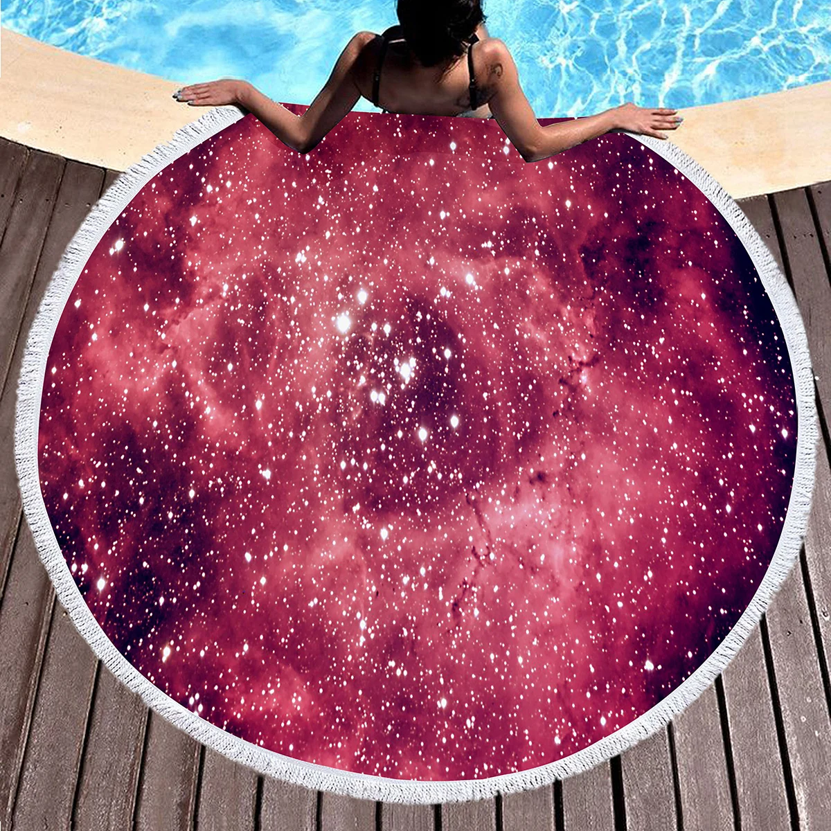 

Round Polyester Beach Blankets,Romantic Pink Starry Sand Anti-Sand Shawl Beach Towels,Absorbent Quick Dry Pool Towel Picnic Mat