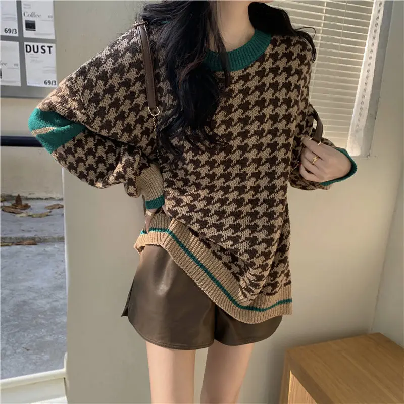 

Winter Women's Sweater 2022 houndstooth Print Animal Basic White Turtleneck Oversize Jumper Vintage Warm Knitted Sweaters Women