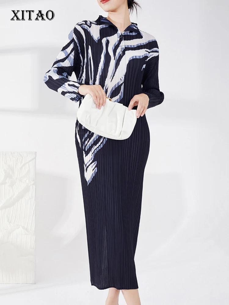 

XITAO Vintage Pleated Dresses Loose Temperament Split Show Thinness Turn-down Collar All-match Simplicity 2022 Dresses FBB1567
