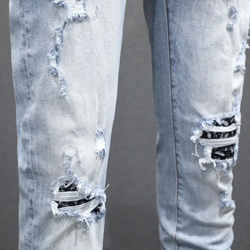 Уличная мода Мужские джинсы Ретро Голубые эластичные обтягивающие рваные с