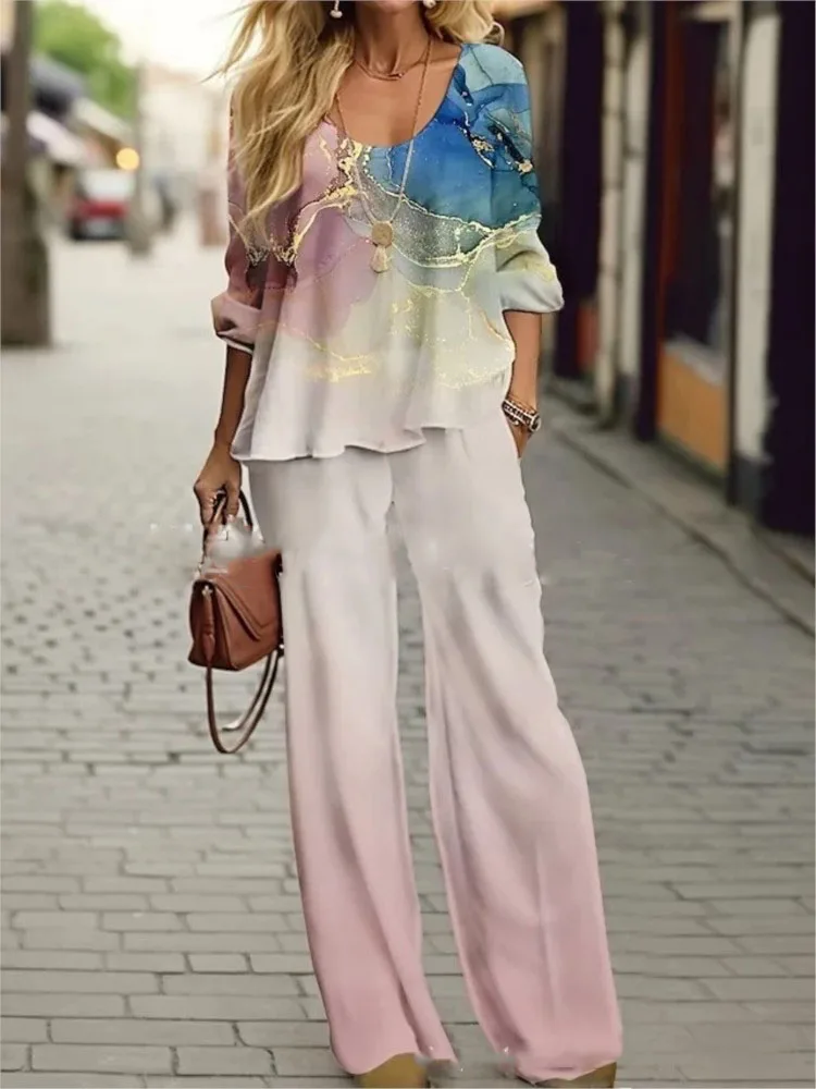 

Autumn Women's Wide Leg Pants 2 Piece Set Suit Fashion Long Sleeve Print Loose Suit Casual Women 2 Piece Set Boho Female Clothes
