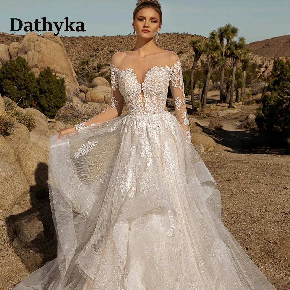 

Dathyka Charming O-Neck Illusion Back Wedding Dress For Women Lace Appliques Long Sleeves Layered Robe De Mariée Made To Order