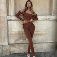 solid color one word collar sexy off the shoulder wrap chest long sleeved short top and slim casual trousers suit 2 piece match