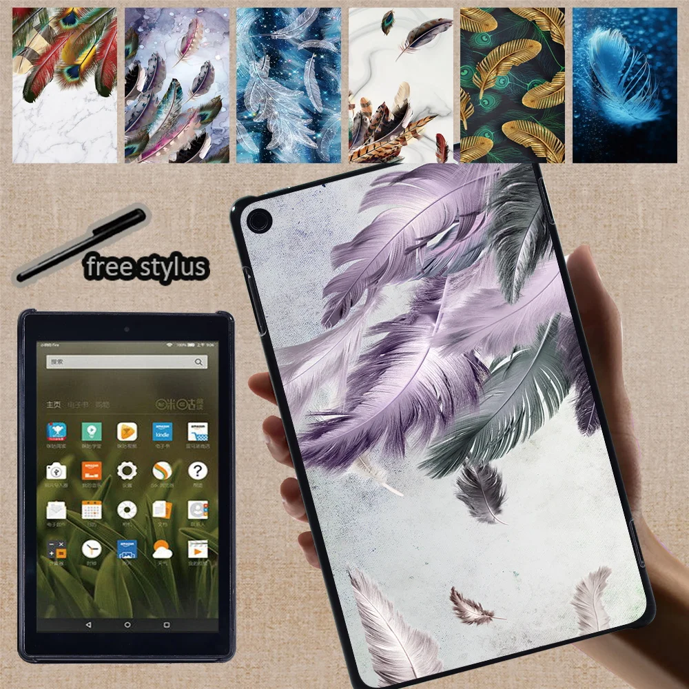 

Tablet Case for HD 10 Plus Gen/5th/7th/9th/11th/Fire 7 5th/7th/9th/12th/ HD 8 Plus Gen/6th/7th/8th/10th Feather Print Hard Shell