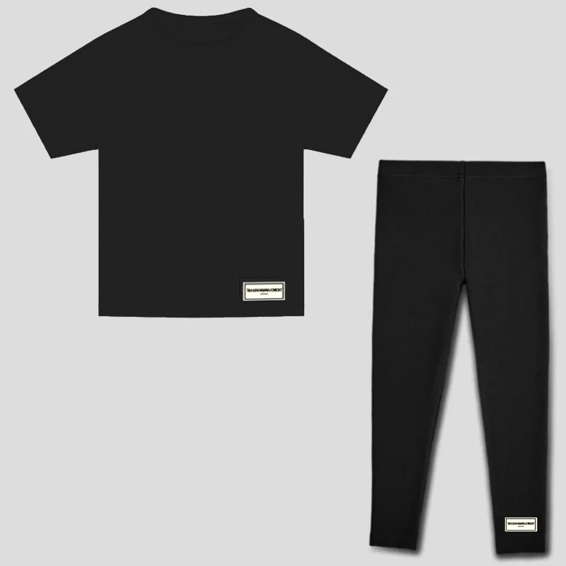 

Повседневные летние костюмы 2023, Детский комплект из двух предметов, футболка с коротким рукавом и круглым вырезом и брюки-карандаш, облегающие леггинсы