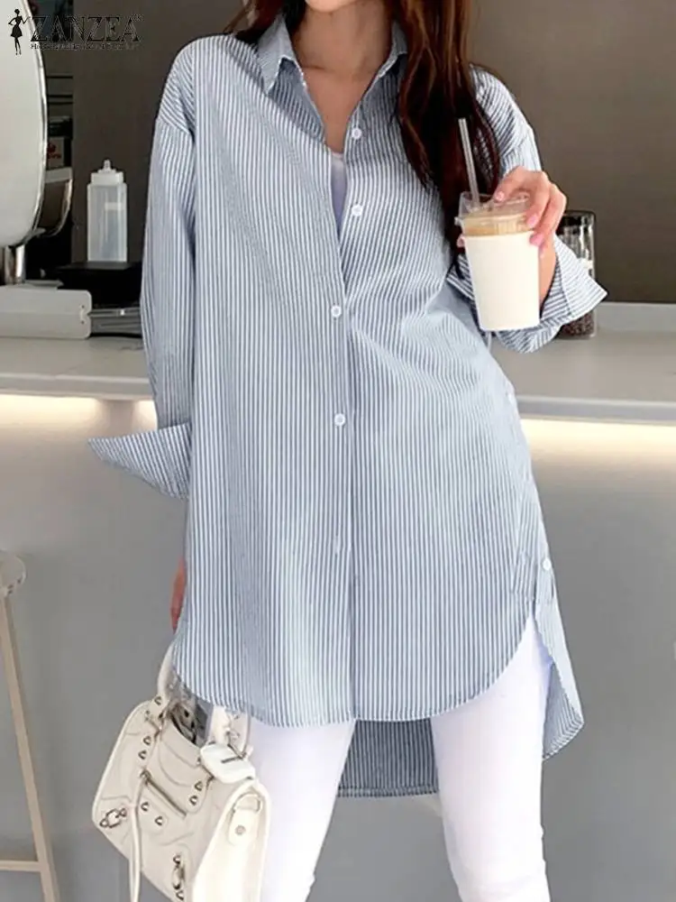 

Женская Полосатая длинная рубашка на пуговицах, Повседневная офисная Дамская блузка с длинным рукавом и отложным воротником, осенние Рубашки ZANZEA, женские офисные Блузы