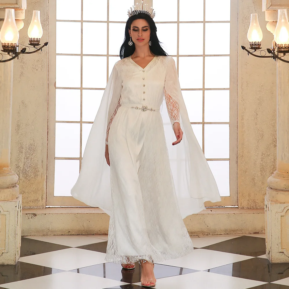 

Women's New Elegant White Lace Hand-sewn Diamond Skirt Cape Dubai Turkey Abaya Arab Islamic Women Moroccan Kraftan Evening Dress