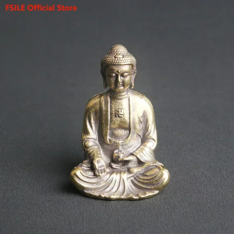 

FSILE Brass Amitabha Buddha Statue Table Ornaments Zen Sitting Buddha Lord Worship Idol Handicrafts Play Old Bronze