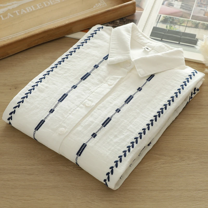 Блузка женская с вышивкой и длинным рукавом белый топ из 100% хлопка винтажная