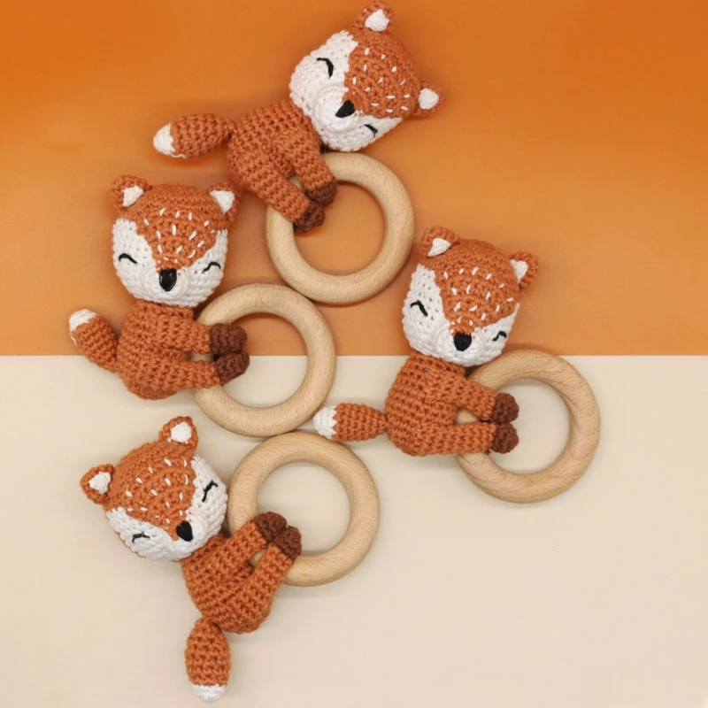 

Baby Wooden Teether Ring DIY Crochet Animal Rattle Bracelet Infant Teething Nursing Soother Molar Toys for Newborn Shower Gifts