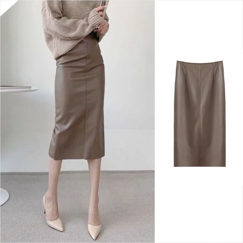 

Fake Leather Pu Skirt High Waist Bandage Hip One-Step Retro Temperament Girls Women Solid Fashion Mid-lLength Split Slit Skirts