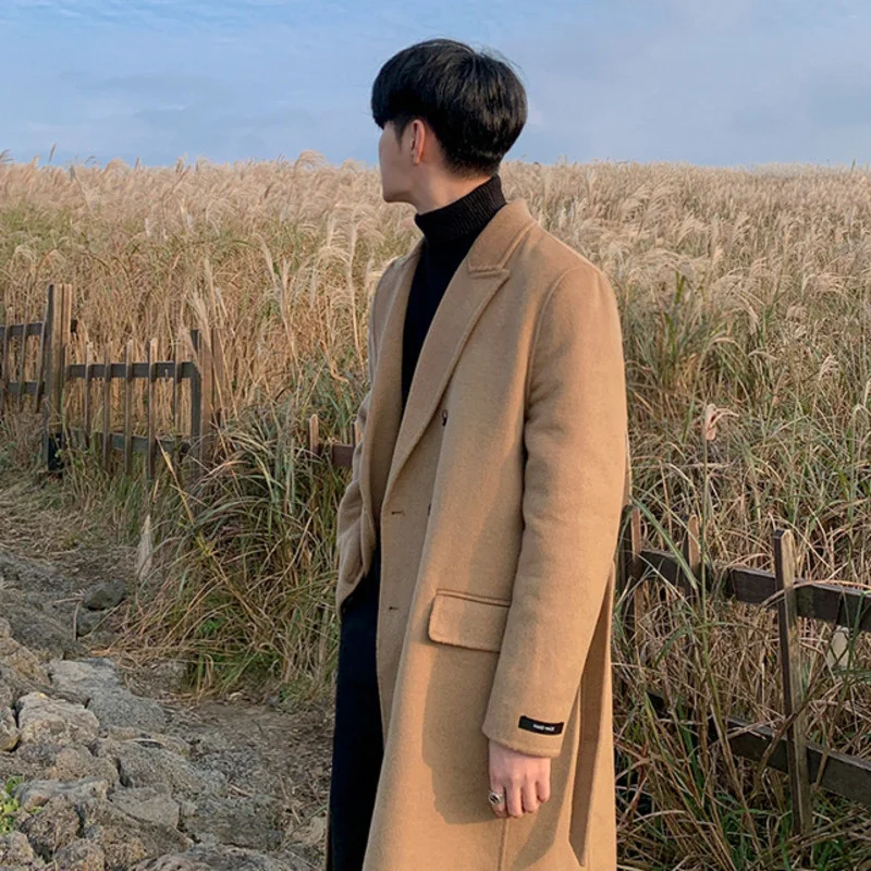 Korean Men's Trend Woolen Coat Double-breasted Lapel Long Sleeve Autumn Winter Thickned Belted Overcoat New 2D1788