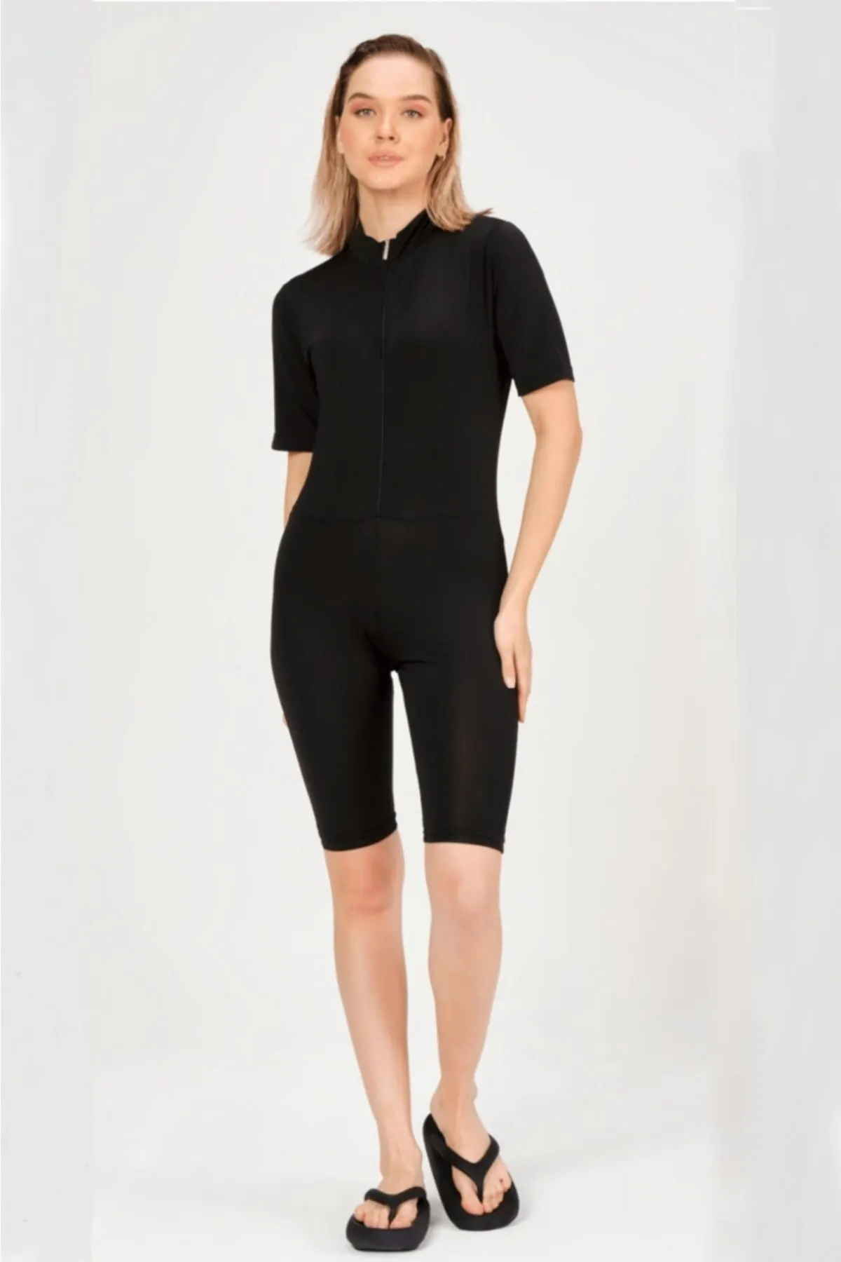 

Women's Swimsuit Black Zipper Short Sleeve Tights Contouring One Piece Swimwear Female Brazilian Swimming Suits