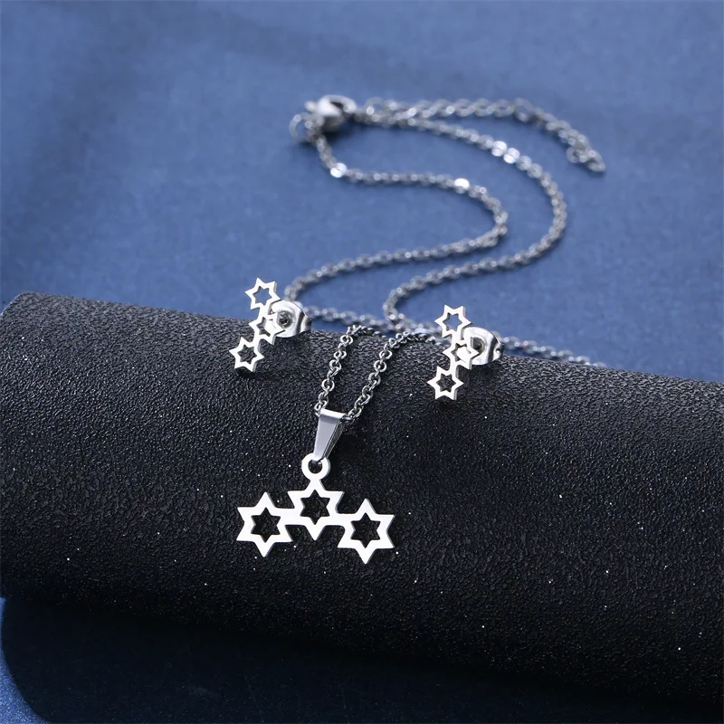 

Stainless Steel Silver Color Star Pendant Chain Necklace Stud Earring for Women Party Birthday Fashion Jewelry Set Gift
